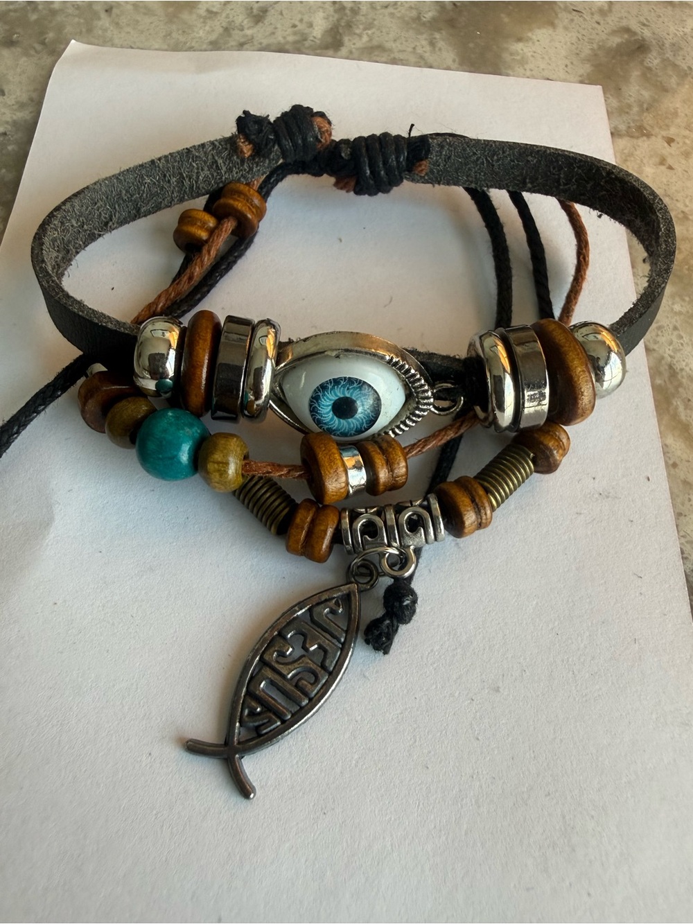 Layered Leather Bracelet with Blue Eye and Wood Beads